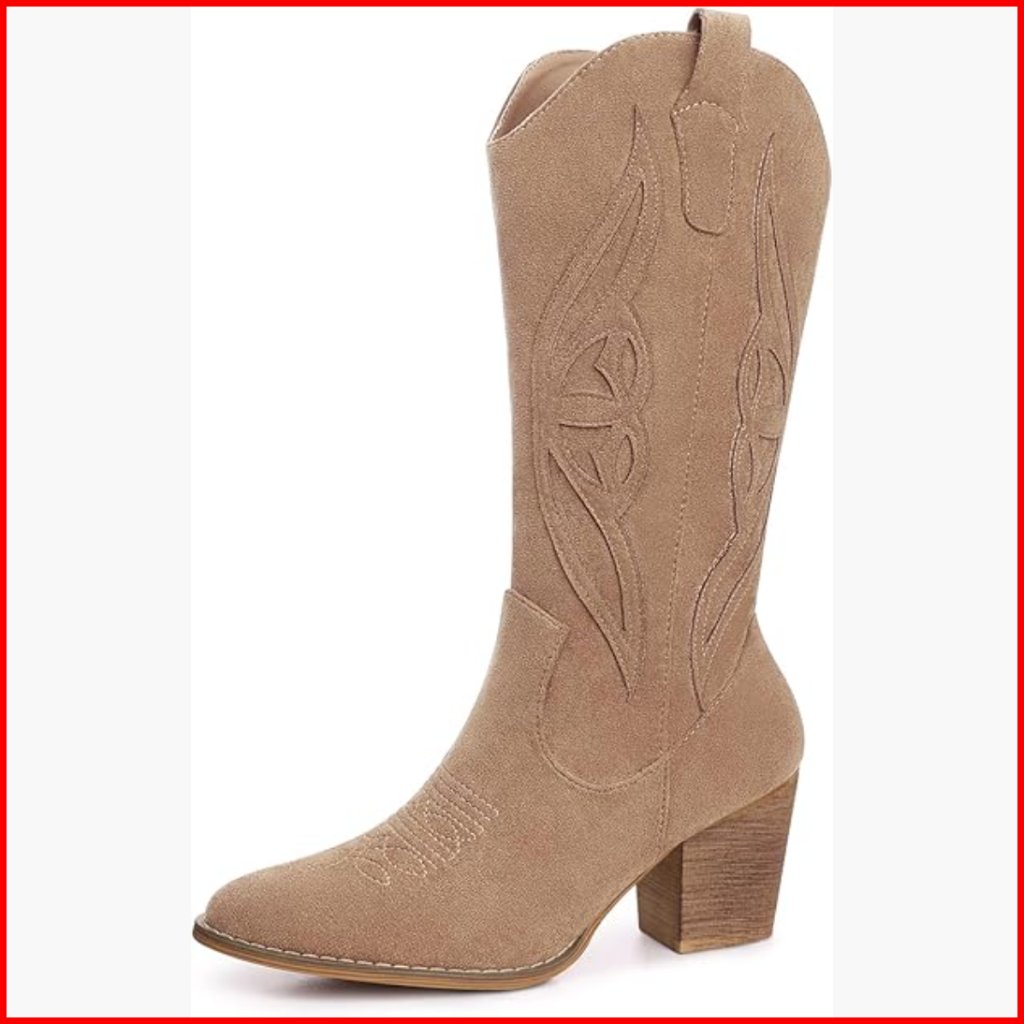 Suede Cowboy Boots Mid Calf Western Embroidered Pointed Toe Heels